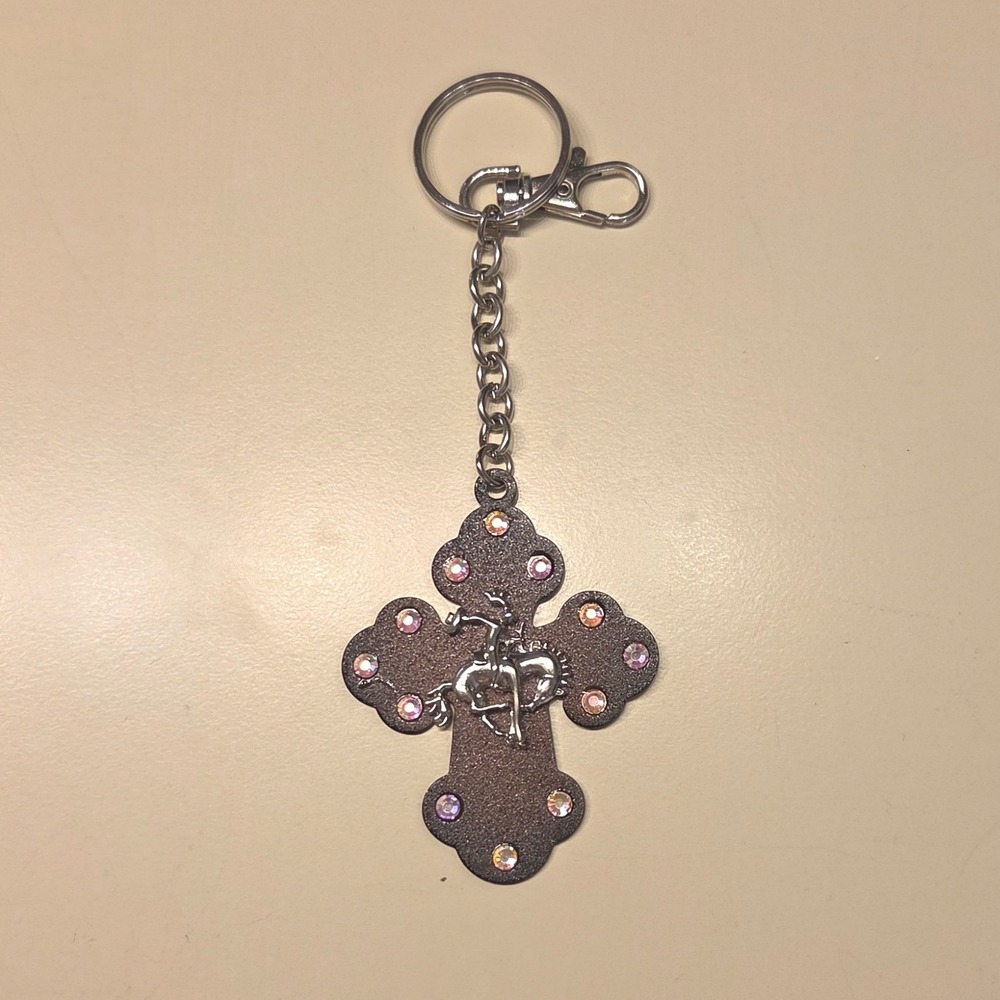 Sparkly Cross Charm Keychain Rhinestone Pony Brown Metal Bag Purse Accessory